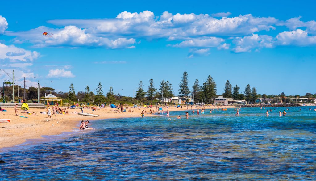 A Sunny Day With People At Elwood Beach In Elwood, Victoria, Australia